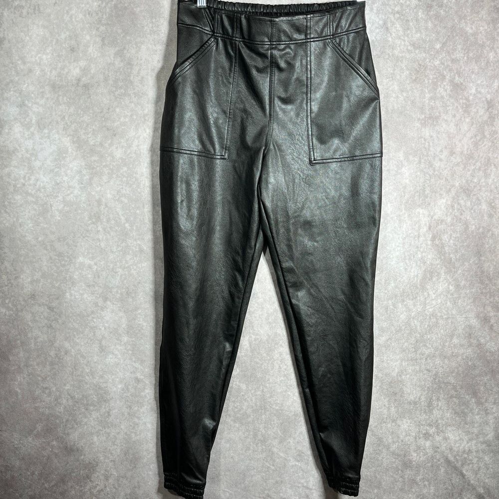 SPANX Jogger Pants Womens Large Black Vegan Leather Pull On High Rise Pockets